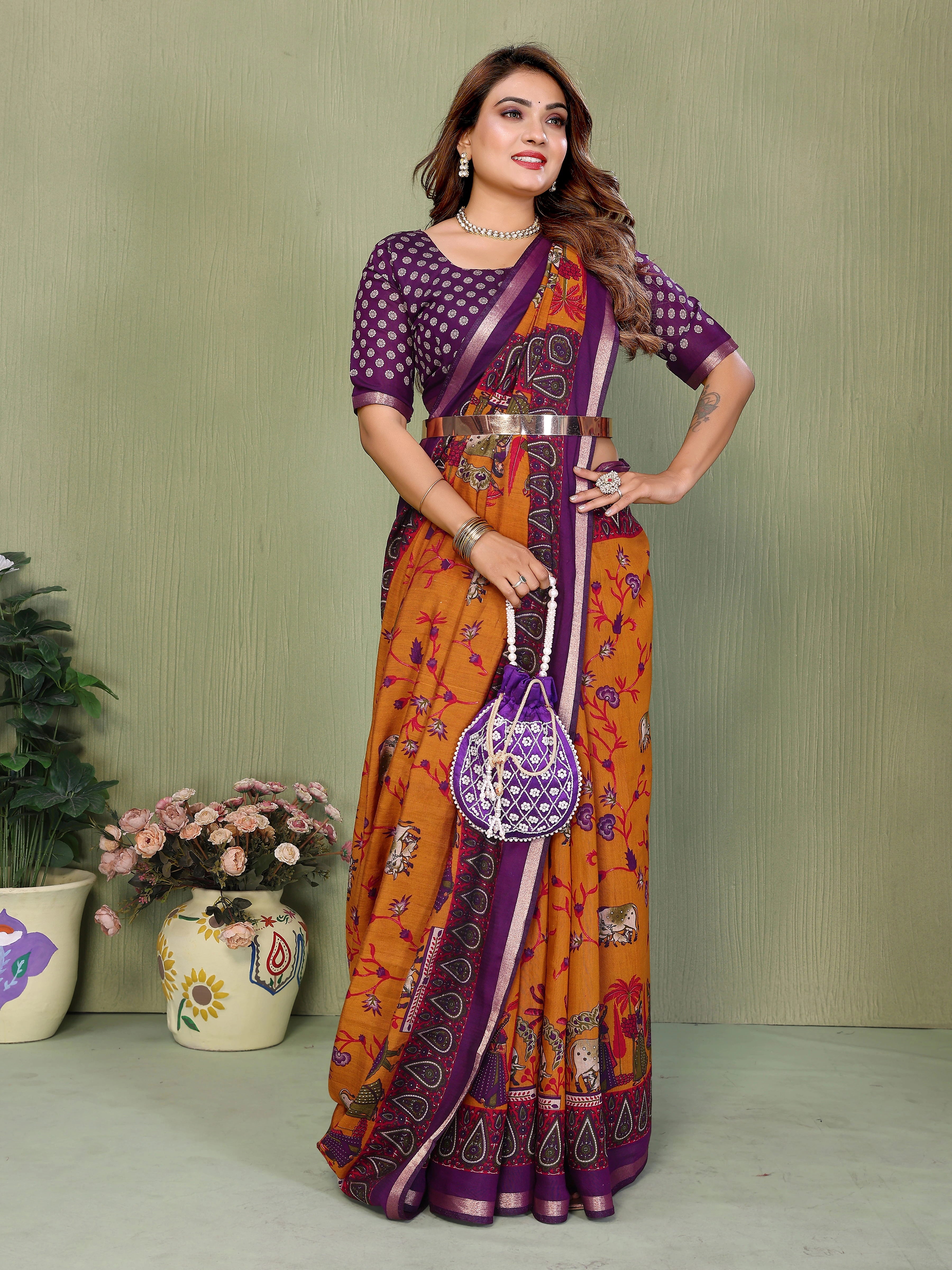 Orange Mul Cotton Kalamkari Print Saree - kalyanja